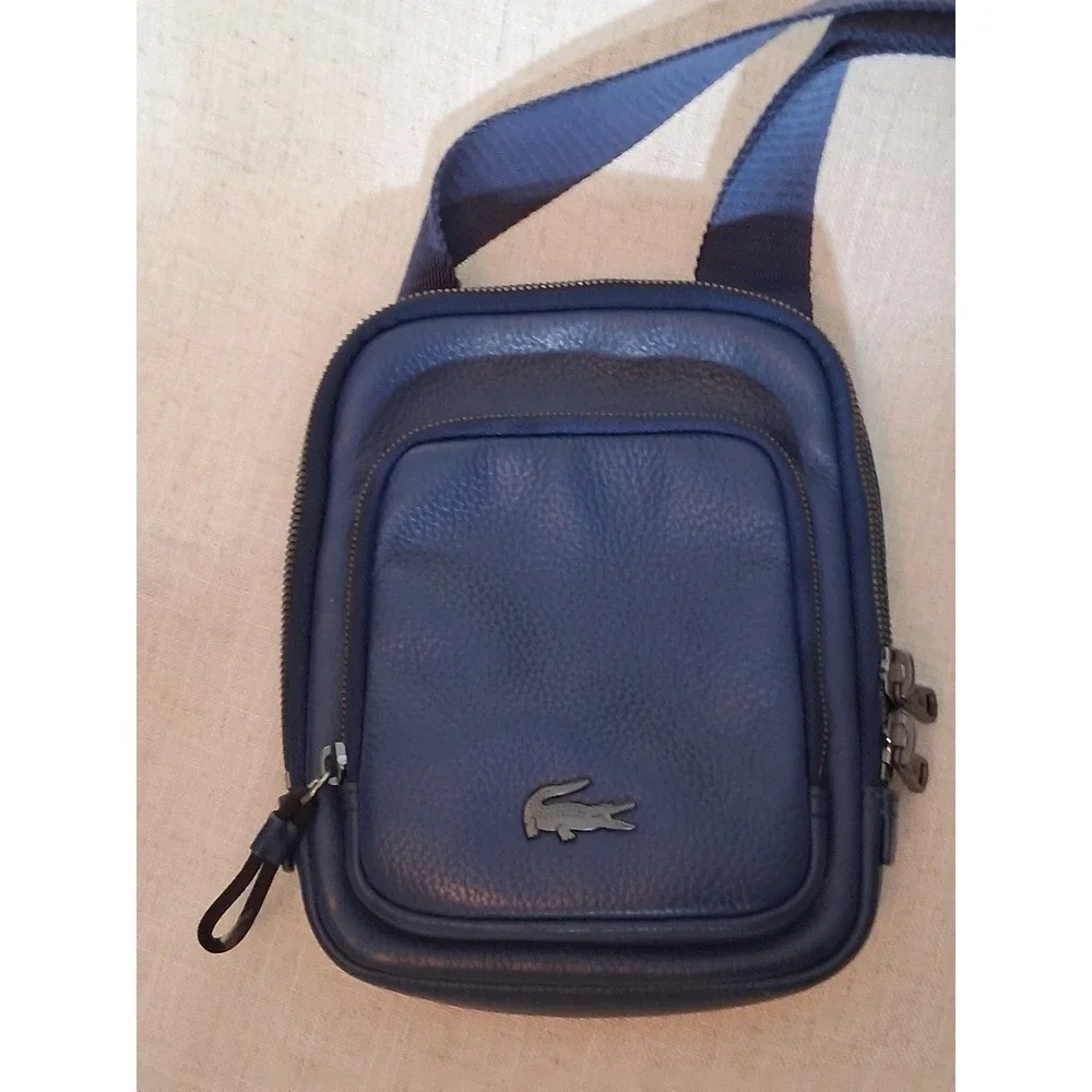 Lacoste Chantaco Navy Blue Pique Leather Vertical Camera Crossbody Bag NH3271CE